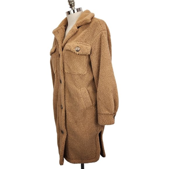 SOLD-C&C California Sherpa Shacket NWT Womens Size S Long Button Front Brown - Picture 2 of 13